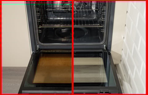 The oven inside the house before and after cleaning with a liquid that removes grease and burns.